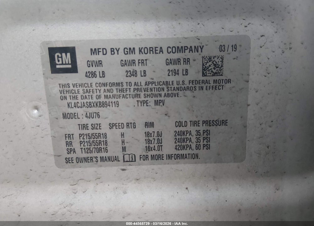 2019 BUICK ENCORE FWD PREFERRED VIN: KL4CJASBXKB894119