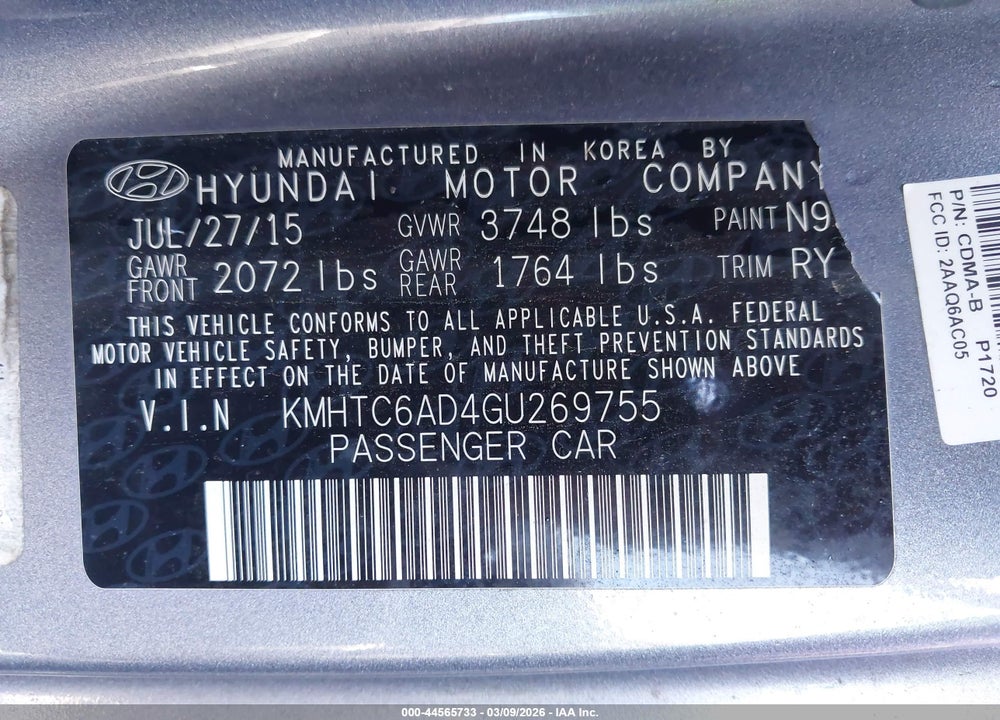 2016 HYUNDAI VELOSTER VIN: KMHTC6AD4GU269755