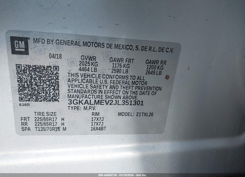 2018 GMC TERRAIN SLE VIN: 3GKALMEV2JL351301