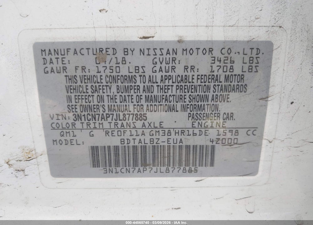 2018 NISSAN VERSA 1.6 SV VIN: 3N1CN7AP7JL877885