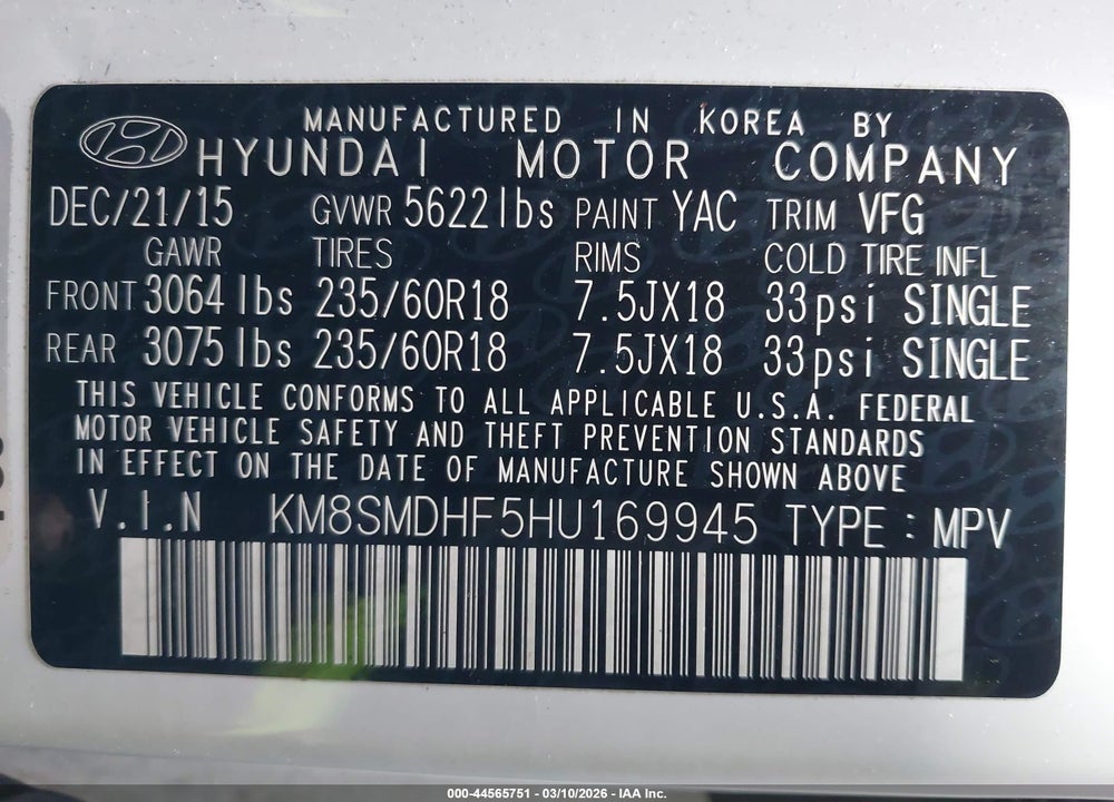 2017 HYUNDAI SANTA FE SE VIN: KM8SMDHF5HU169945