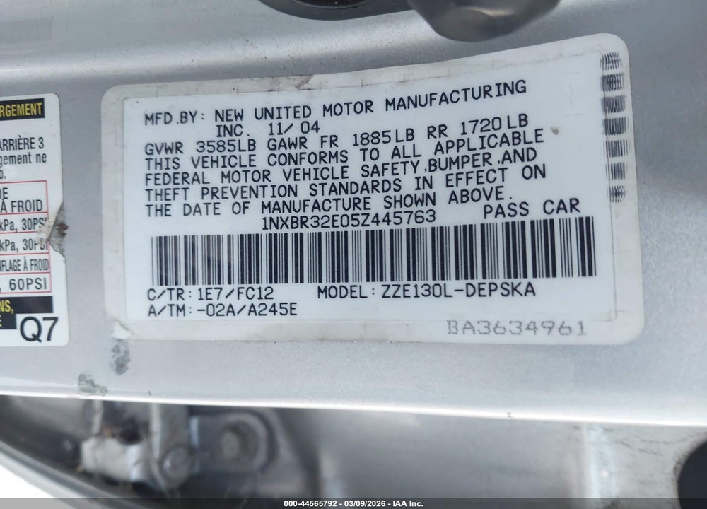 2005 TOYOTA COROLLA S VIN: 1NXBR32E05Z445763