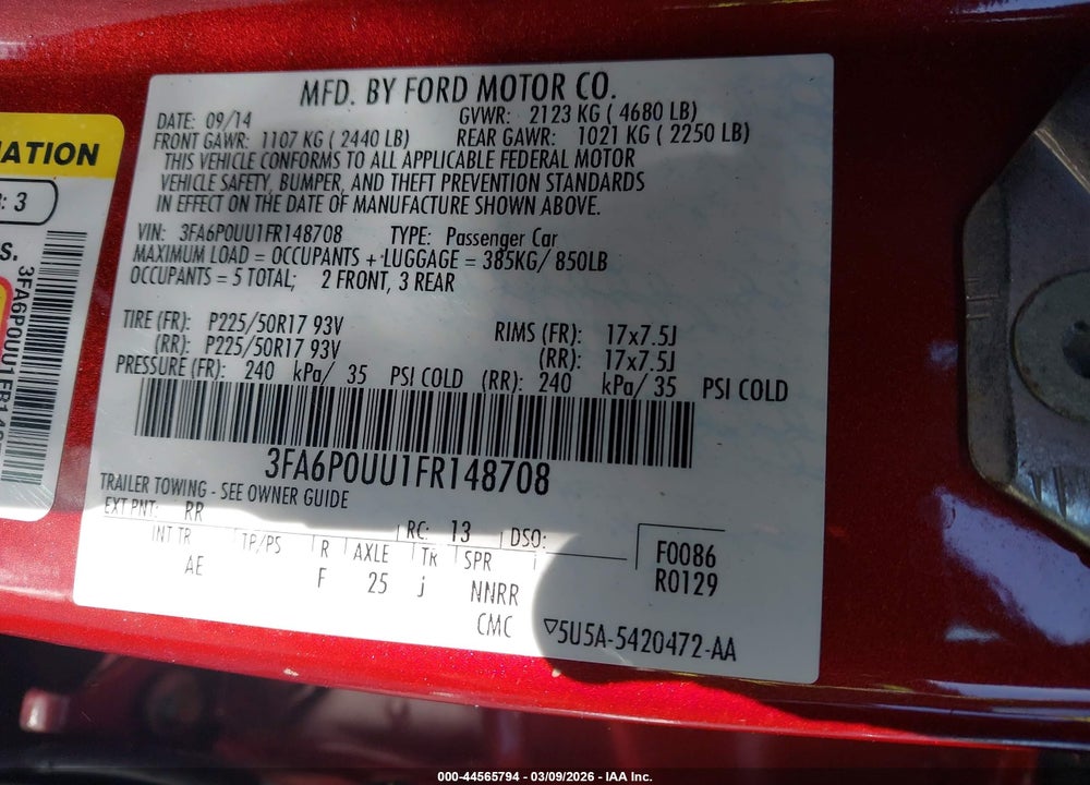 2015 FORD FUSION HYBRID S VIN: 3FA6P0UU1FR148708