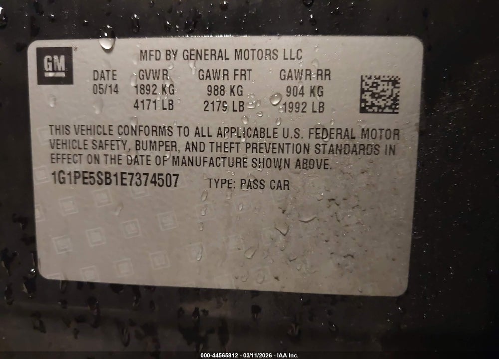 2014 CHEVROLET CRUZE 2LT AUTO VIN: 1G1PE5SB1E7374507