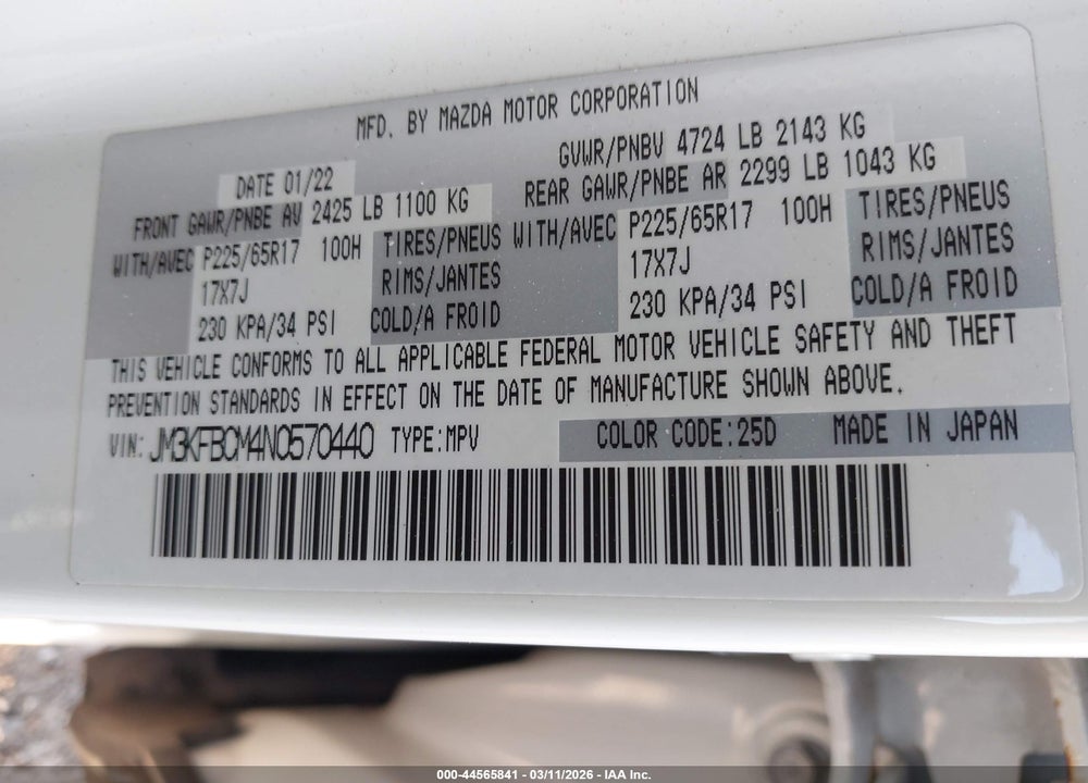 2022 MAZDA CX-5 2.5 S PREFERRED VIN: JM3KFBCM4N0570440