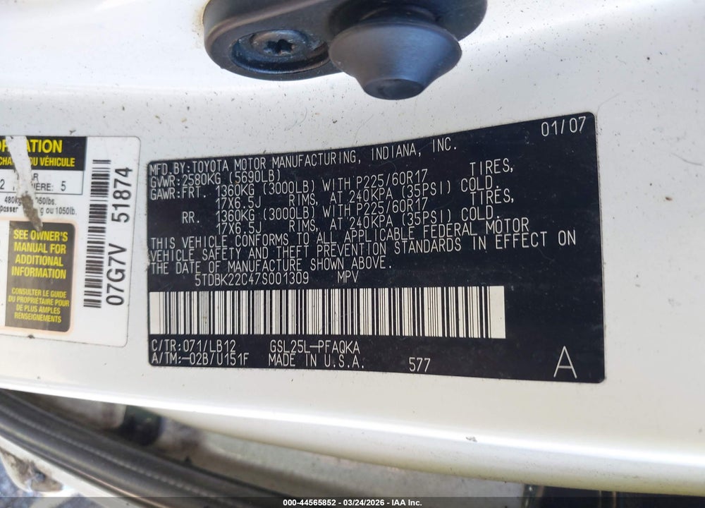 2007 TOYOTA SIENNA XLE LIMITED VIN: 5TDBK22C47S001309