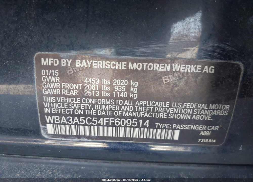 2015 BMW 328I VIN: WBA3A5C54FF609514