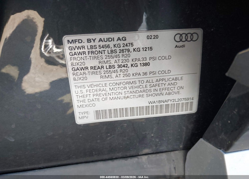 2020 AUDI Q5 PREMIUM PLUS 45 TFSI QUATTRO S TRONIC VIN: WA1BNAFY2L2075914
