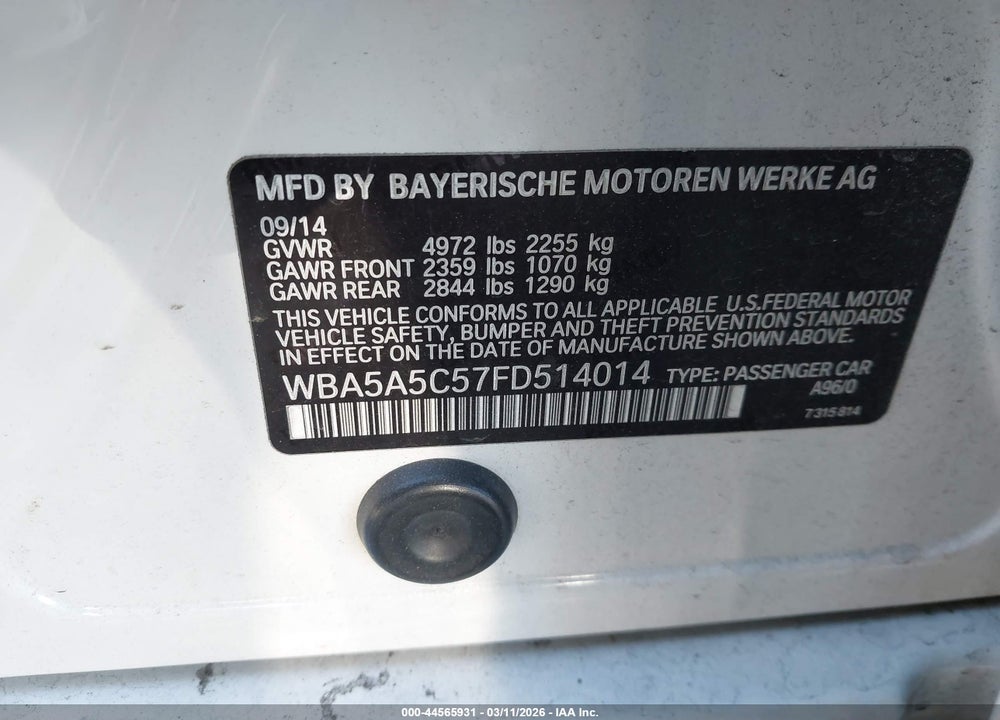 2015 BMW 528I VIN: WBA5A5C57FD514014