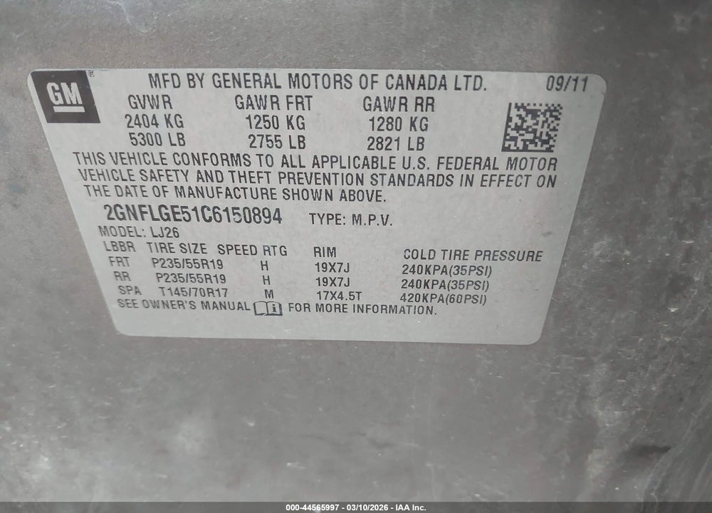 2012 CHEVROLET EQUINOX LTZ VIN: 2GNFLGE51C6150894