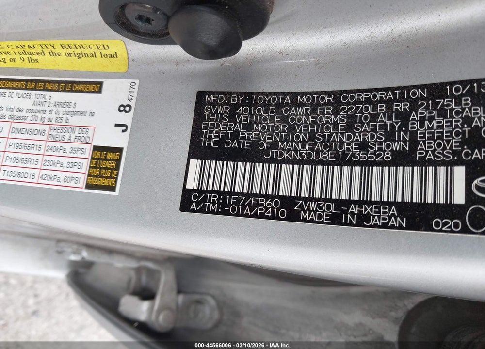 2014 TOYOTA PRIUS VIN: JTDKN3DU8E1735528