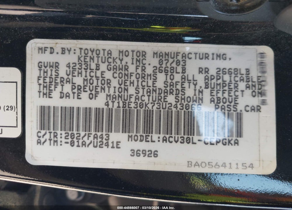 2003 TOYOTA CAMRY XLE VIN: 4T1BE30K73U243066