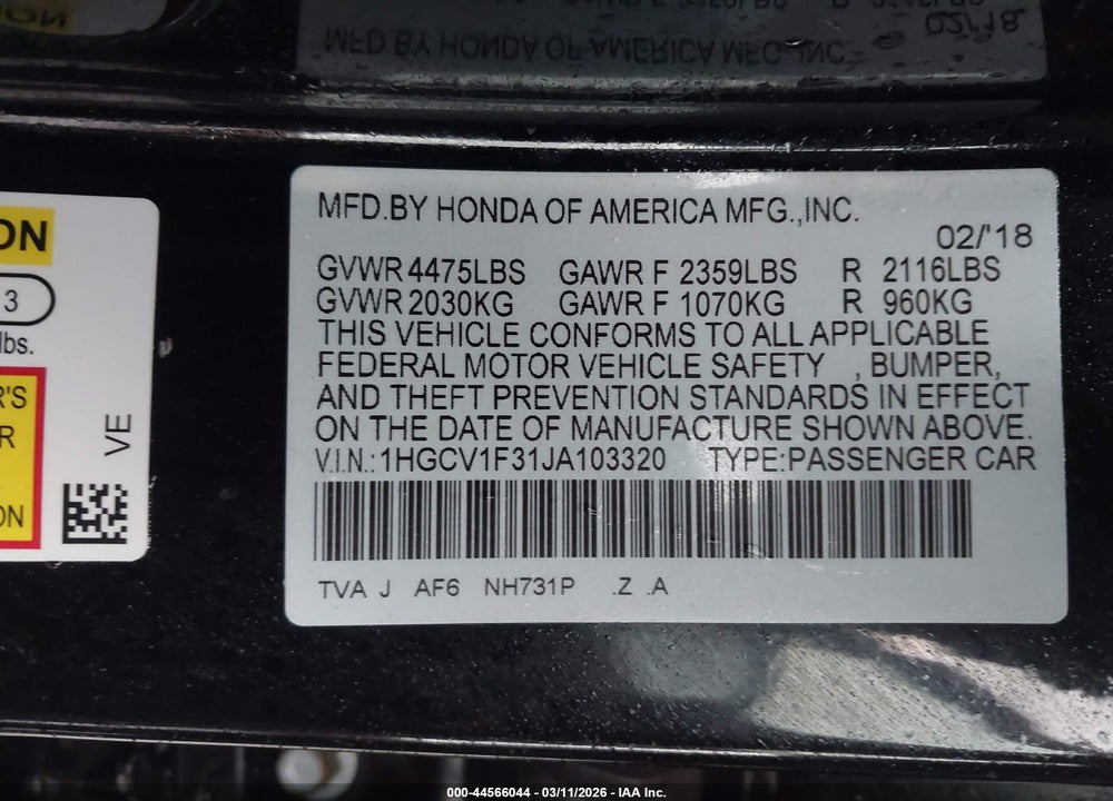 2018 HONDA ACCORD SPORT VIN: 1HGCV1F31JA103320
