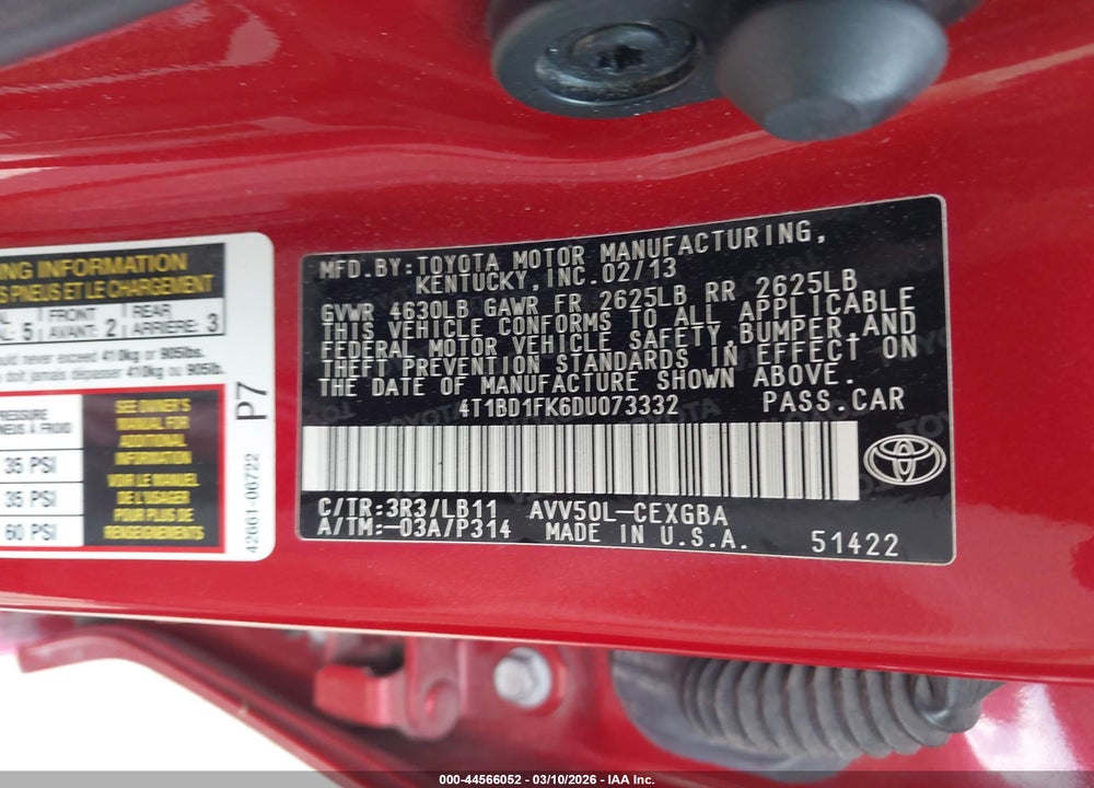 2013 TOYOTA CAMRY HYBRID XLE VIN: 4T1BD1FK6DU073332