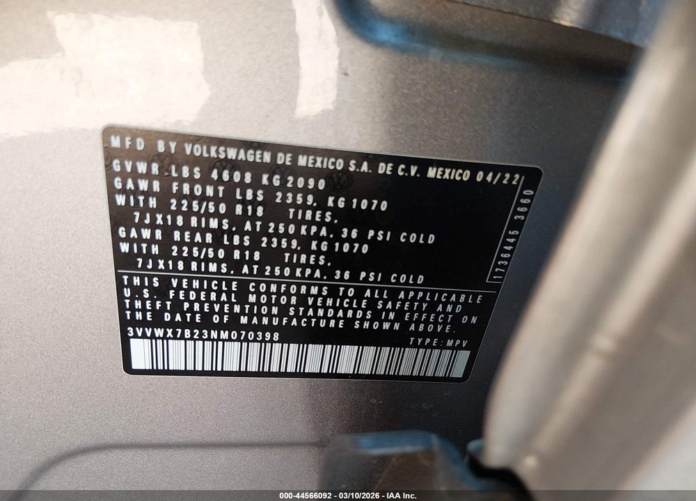 2022 VOLKSWAGEN TAOS 1.5T SE VIN: 3VVWX7B23NM070398