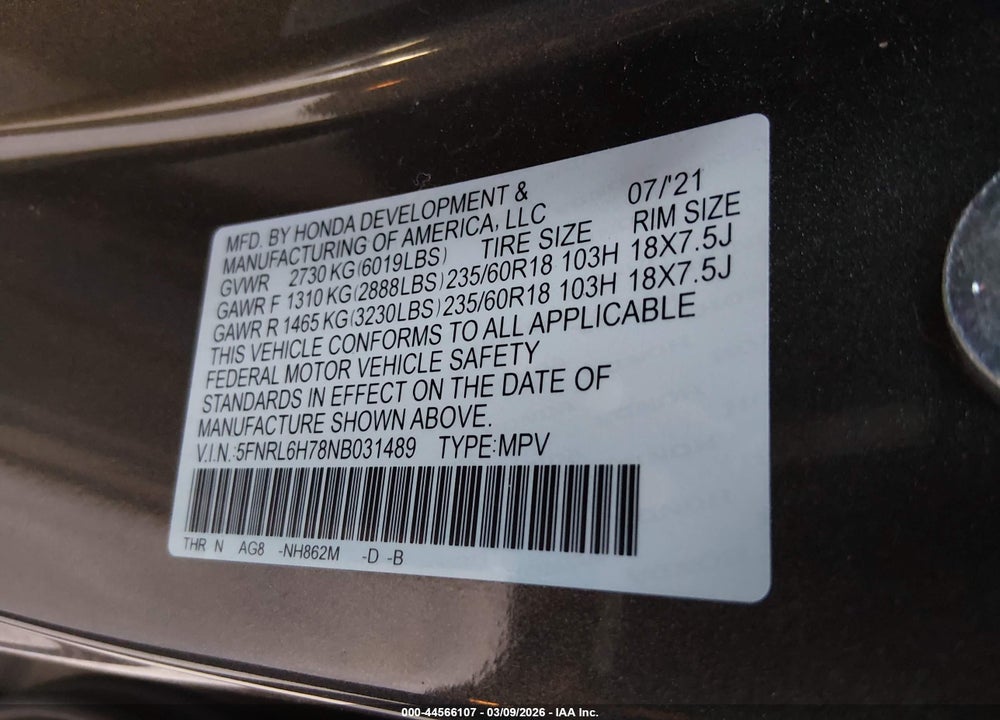 2022 HONDA ODYSSEY EX-L VIN: 5FNRL6H78NB031489