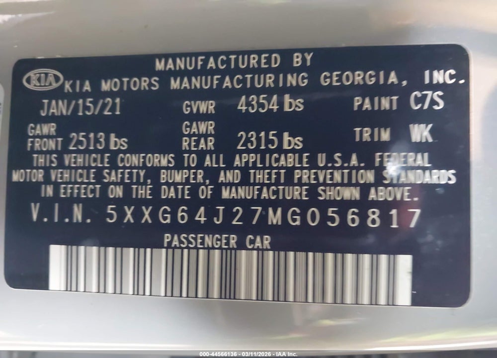 2021 KIA K5 GT-LINE VIN: 5XXG64J27MG056817