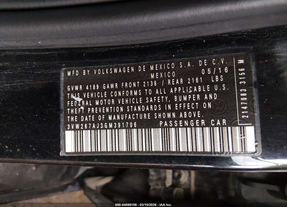 2016 VOLKSWAGEN JETTA 1.4T S VIN: 3VW267AJ3GM391706