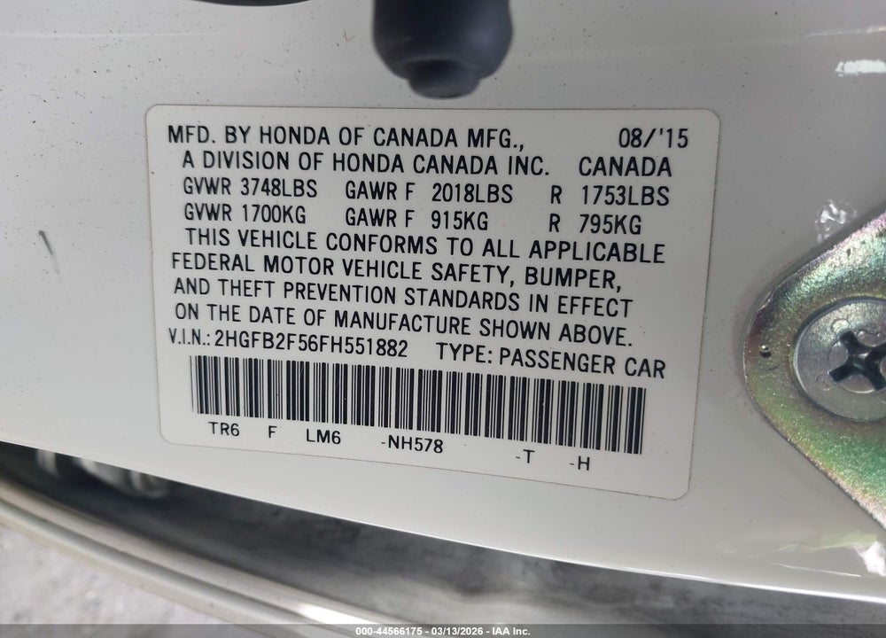 2015 HONDA CIVIC LX VIN: 2HGFB2F56FH551882