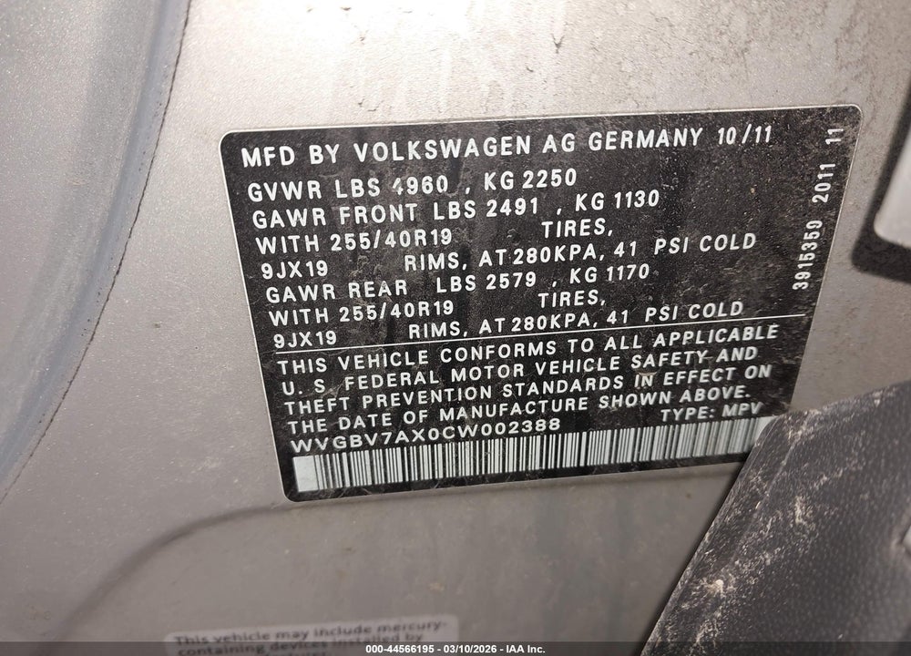 2012 VOLKSWAGEN TIGUAN SEL VIN: WVGBV7AX0CW002388