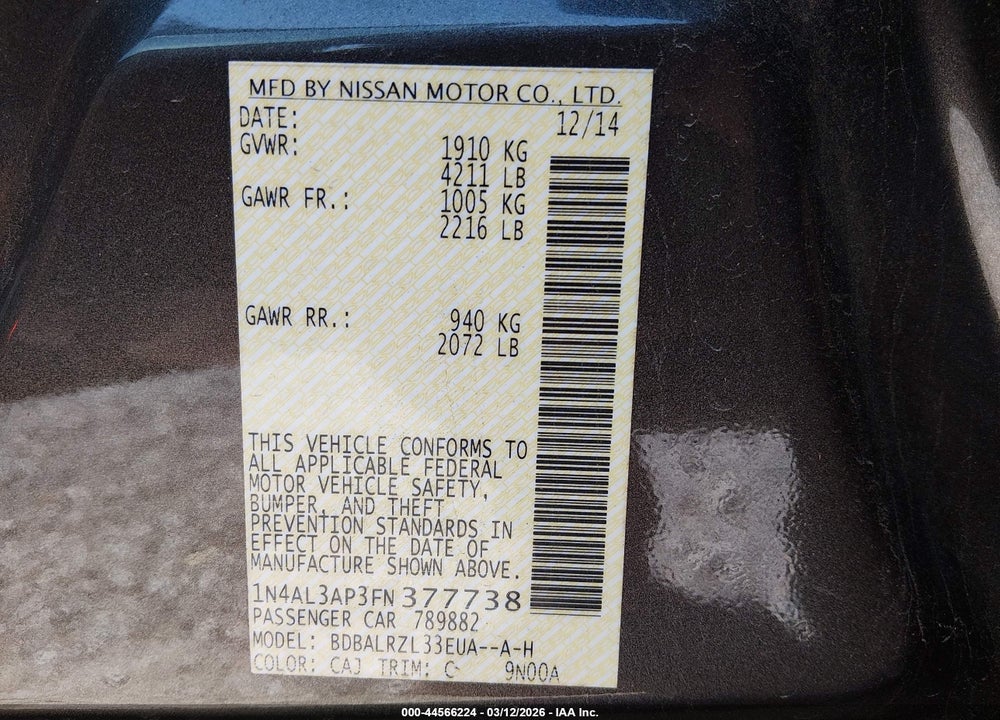 2015 NISSAN ALTIMA 2.5 SL VIN: 1N4AL3AP3FN377738