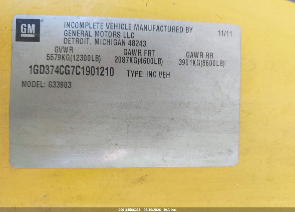 2012 GMC SAVANA CUTAWAY WORK VAN VIN: 1GD374CG7C1901210