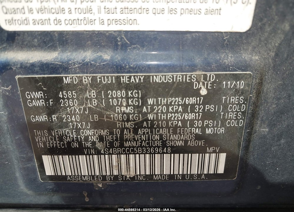 2011 SUBARU OUTBACK 2.5I PREMIUM VIN: 4S4BRCCC5B3369648