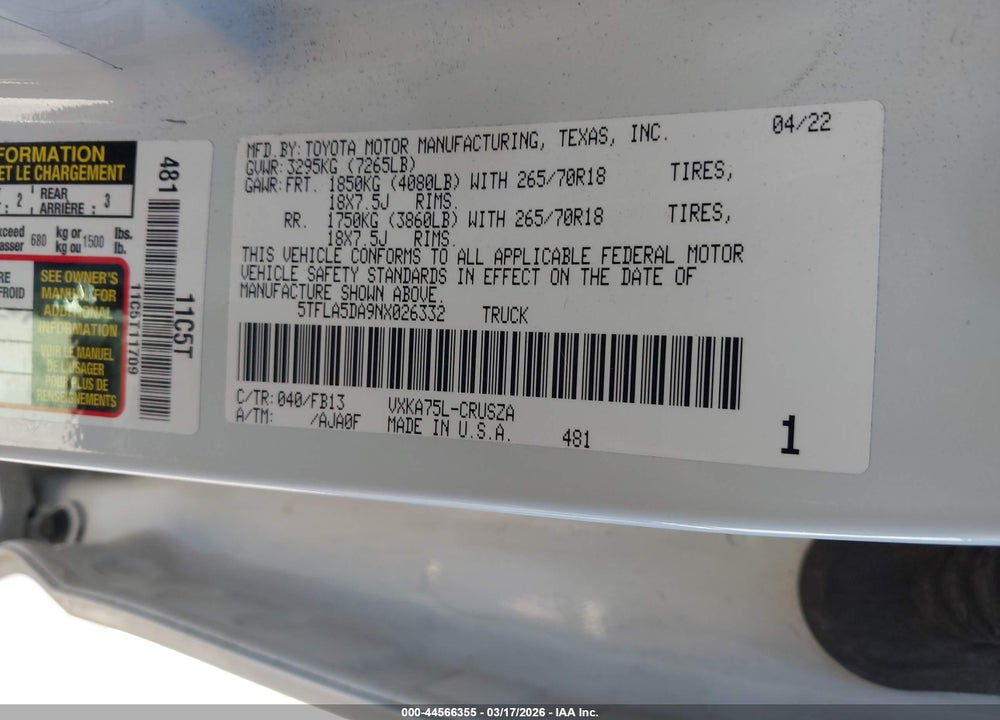 2022 TOYOTA TUNDRA SR5 VIN: 5TFLA5DA9NX026332