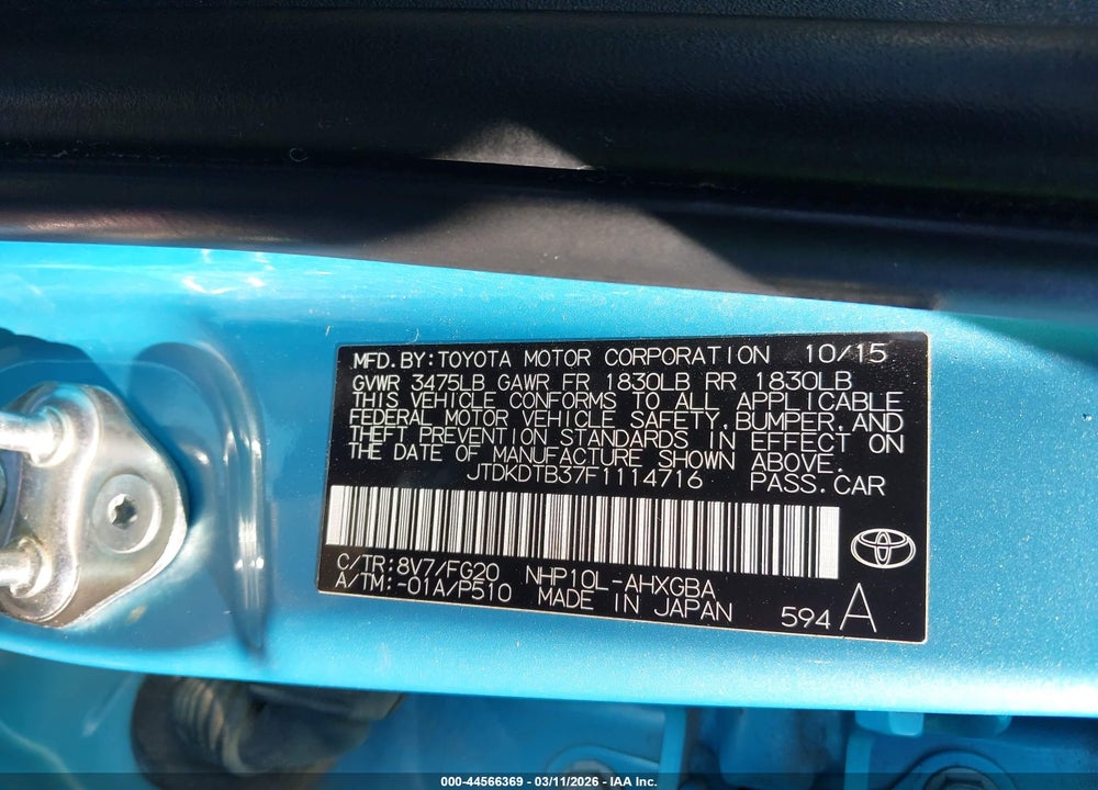 2015 TOYOTA PRIUS C THREE VIN: JTDKDTB37F1114716