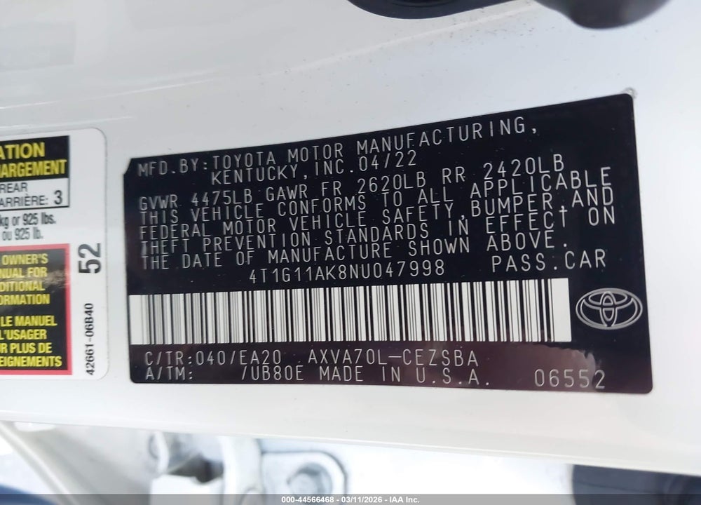 2022 TOYOTA CAMRY SE VIN: 4T1G11AK8NU047998
