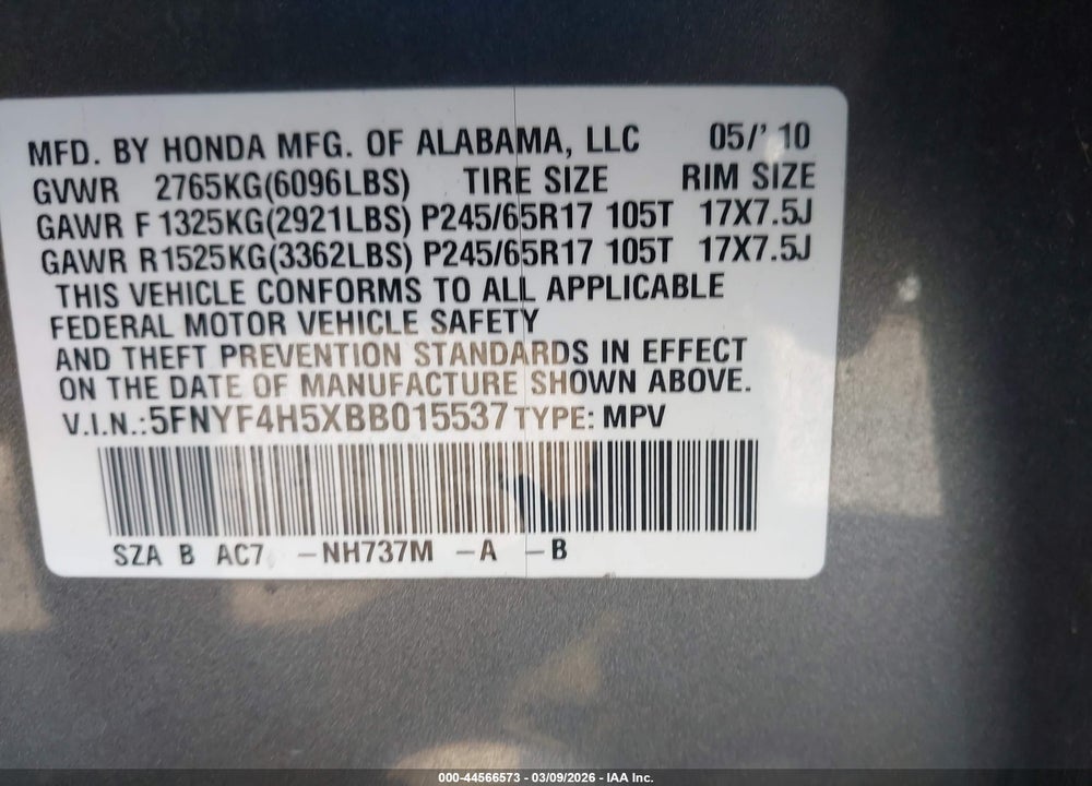 2011 HONDA PILOT EX-L VIN: 5FNYF4H5XBB015537