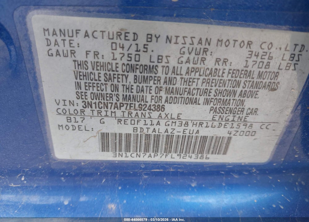 2015 NISSAN VERSA 1.6 S+ VIN: 3N1CN7AP7FL924386