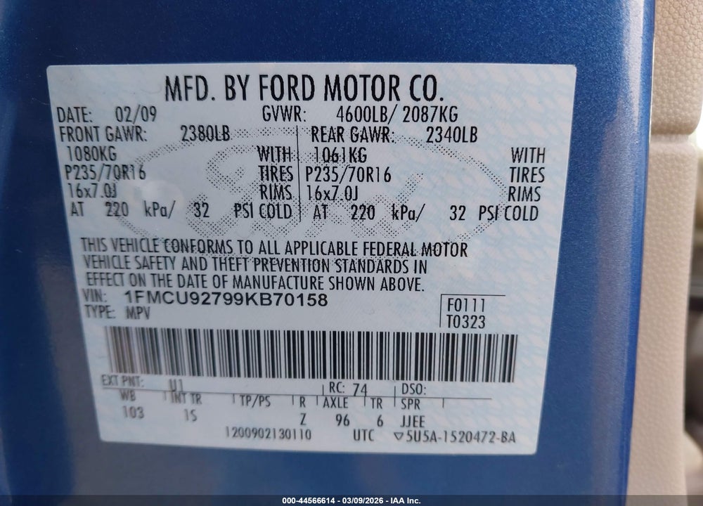 2009 FORD ESCAPE XLS VIN: 1FMCU92799KB70158