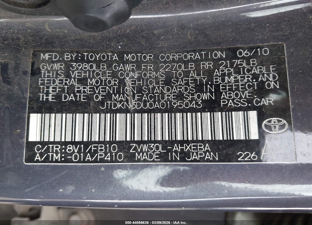 2010 TOYOTA PRIUS II VIN: JTDKN3DU0A0195043