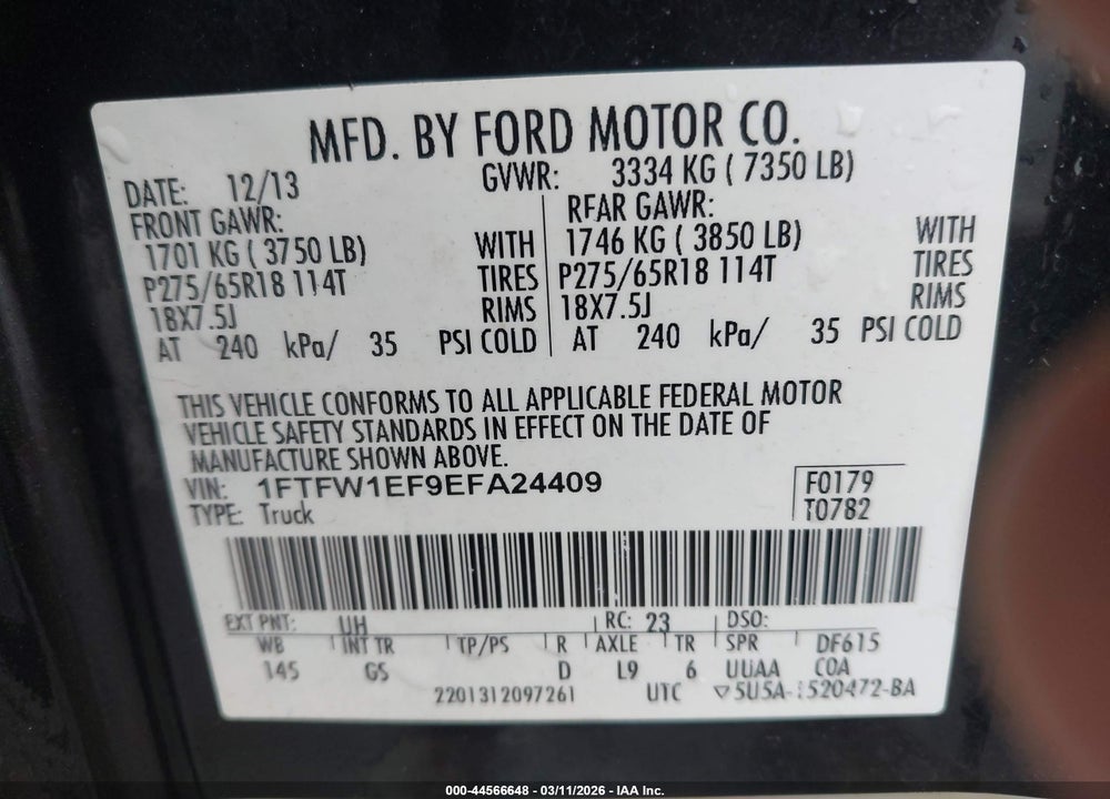 2014 FORD F-150 XLT VIN: 1FTFW1EF9EFA24409