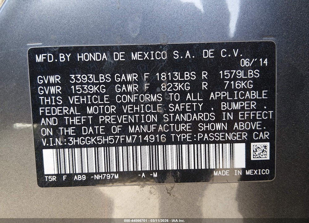 2015 HONDA FIT LX VIN: 3HGGK5H57FM714916