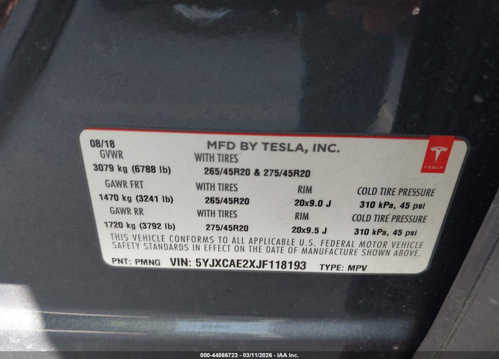2018 TESLA MODEL X 100D/75D/P100D VIN: 5YJXCAE2XJF118193