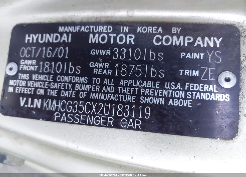 2002 HYUNDAI ACCENT GS VIN: KMHCG35CX2U183119