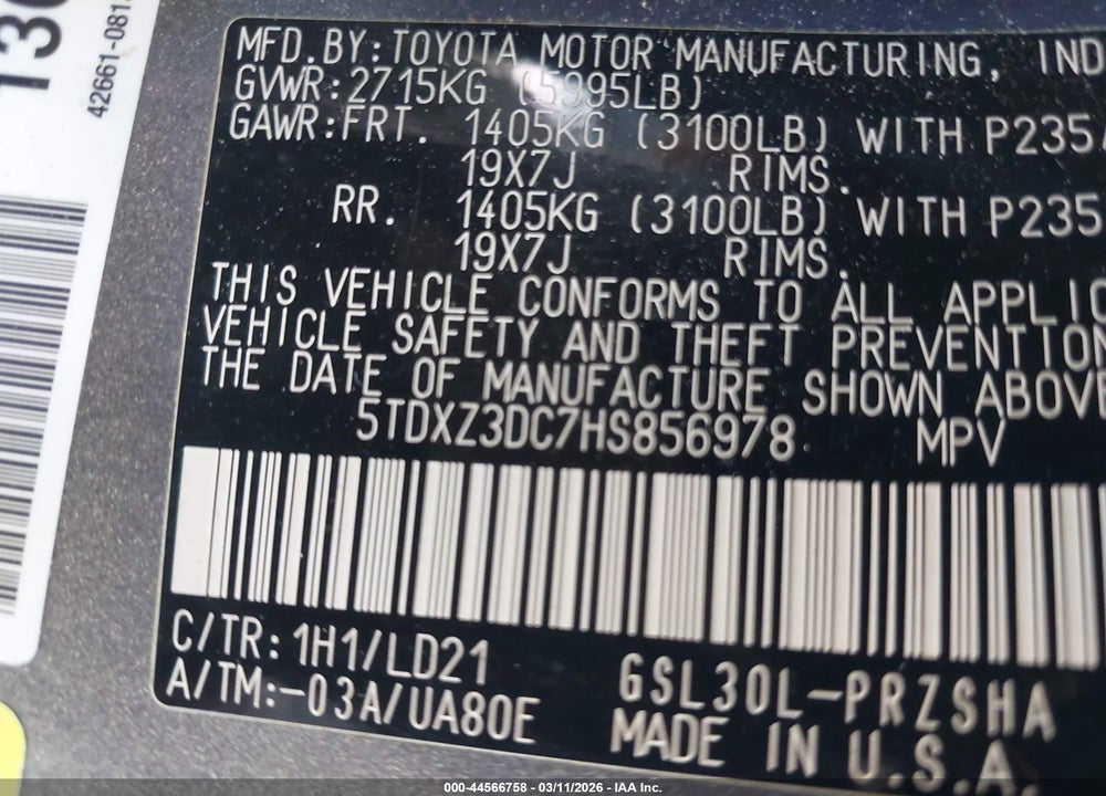 2017 TOYOTA SIENNA SE 8 PASSENGER VIN: 5TDXZ3DC7HS856978