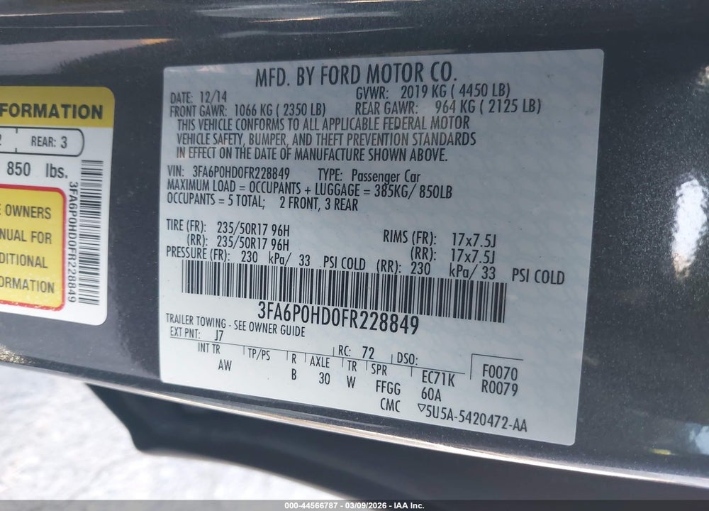2015 FORD FUSION SE VIN: 3FA6P0HD0FR228849