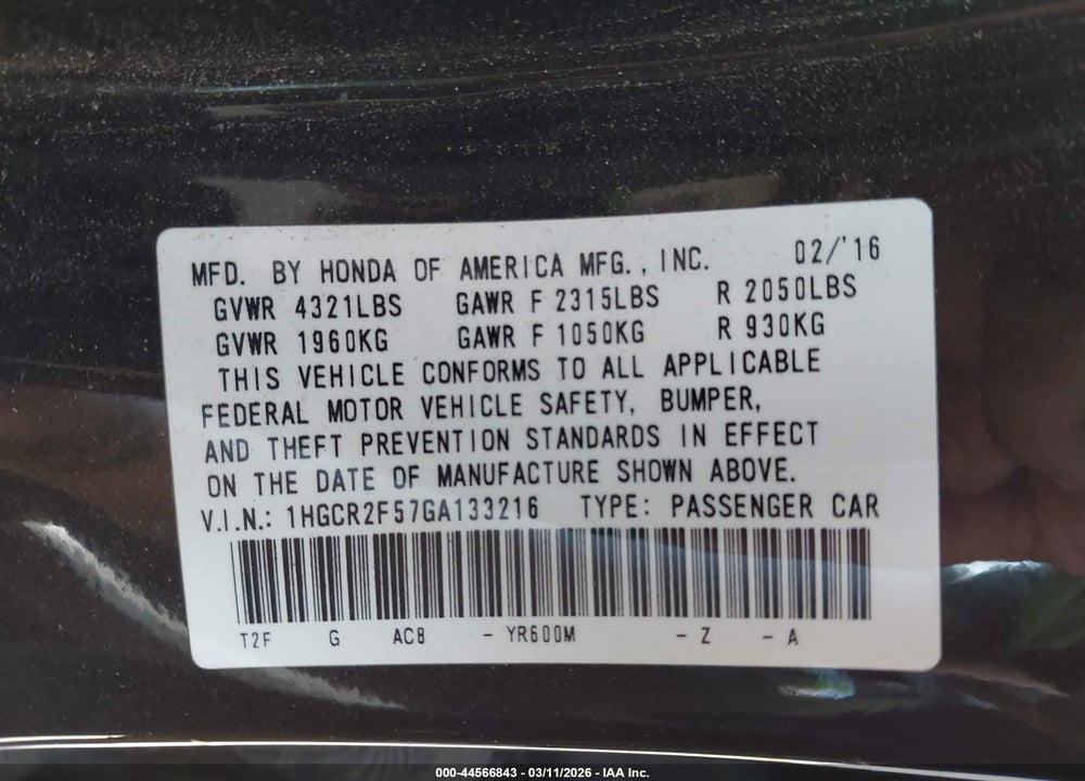 2016 HONDA ACCORD SPORT VIN: 1HGCR2F57GA133216