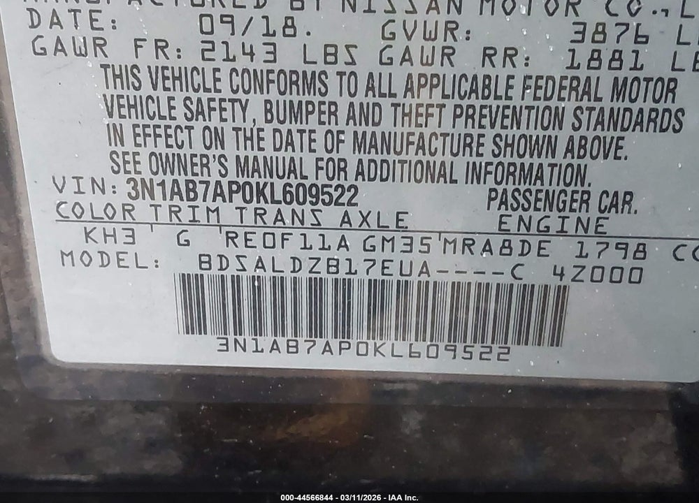 2019 NISSAN SENTRA SV VIN: 3N1AB7AP0KL609522