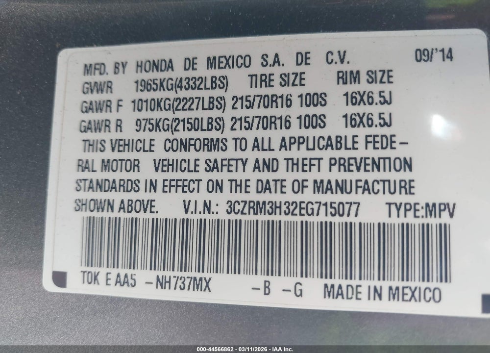 2014 HONDA CR-V LX VIN: 3CZRM3H32EG715077