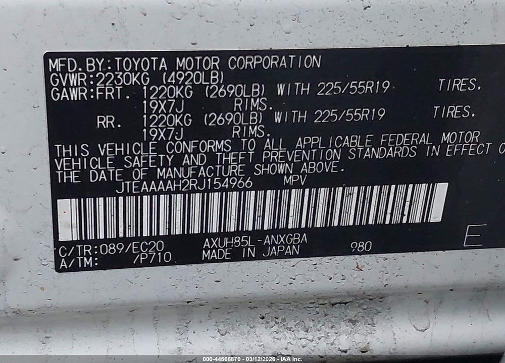 2024 TOYOTA VENZA NIGHTSHADE EDITION VIN: JTEAAAAH2RJ154966
