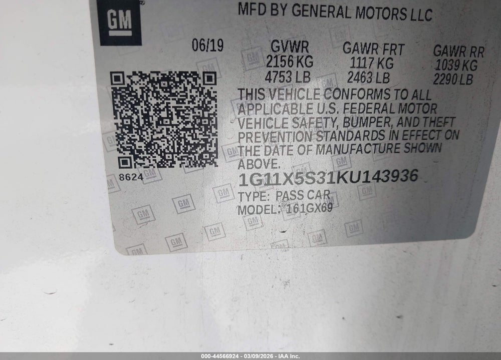 2019 CHEVROLET IMPALA LS VIN: 1G11X5S31KU143936