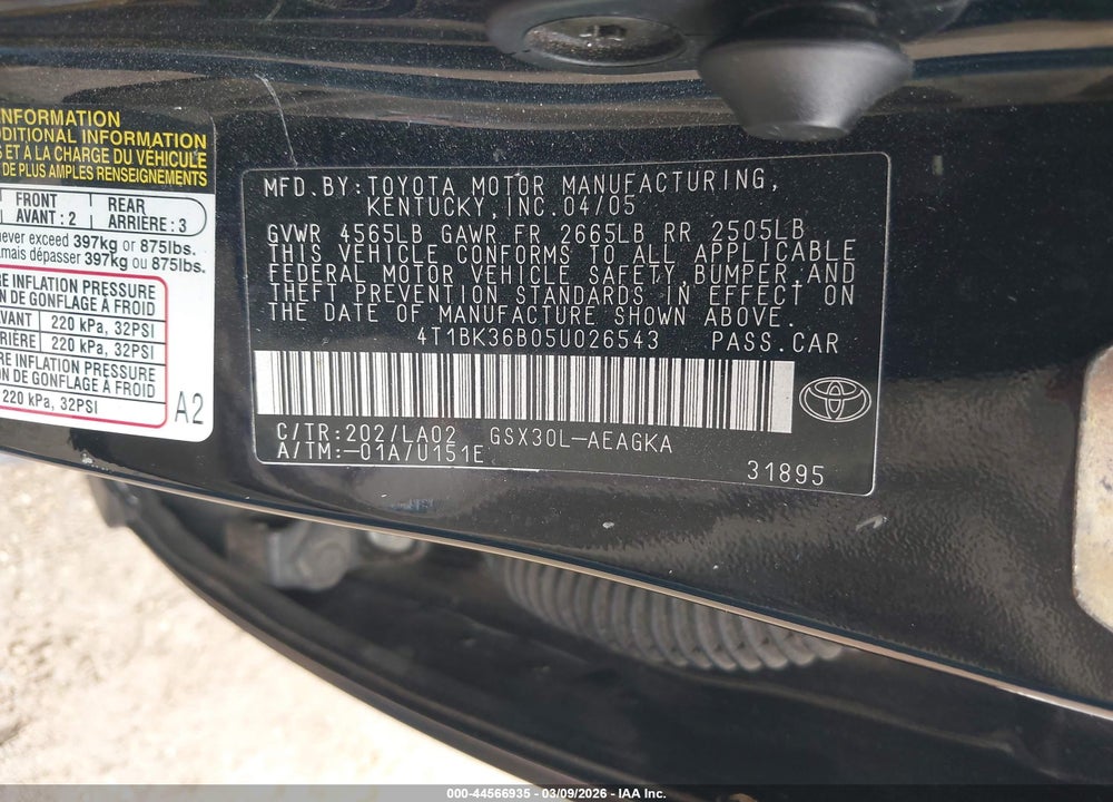 2005 TOYOTA AVALON XLS VIN: 4T1BK36B05U026543