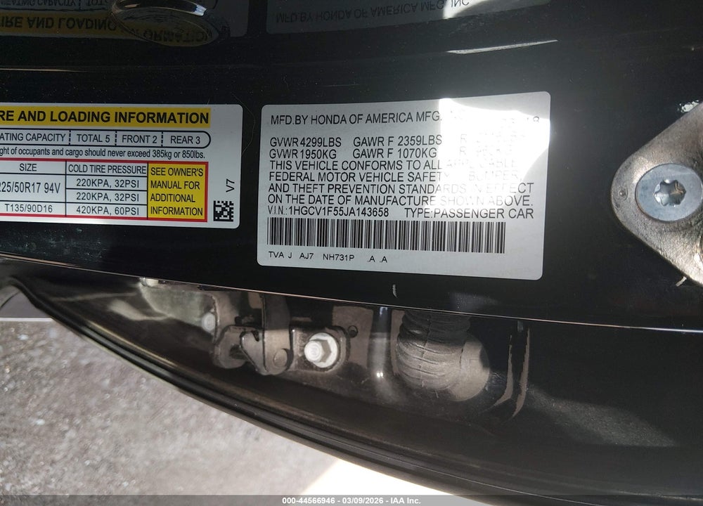 2018 HONDA ACCORD EX-L VIN: 1HGCV1F55JA143658
