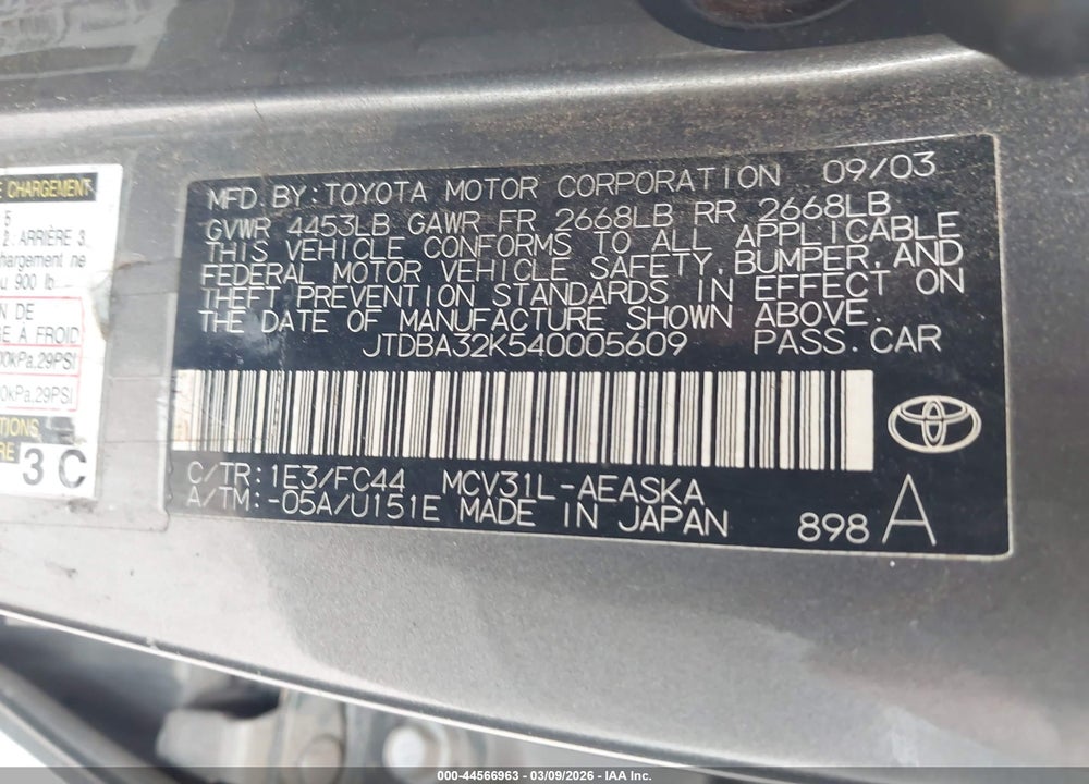 2004 TOYOTA CAMRY SE V6 VIN: JTDBA32K540005609