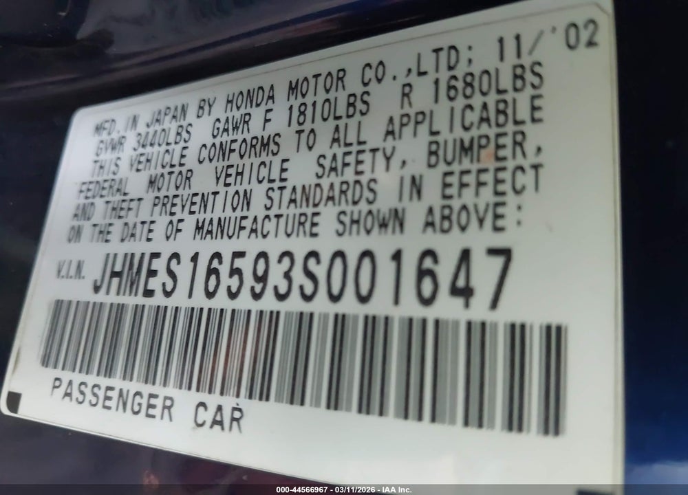 2003 HONDA CIVIC LX VIN: JHMES16593S001647