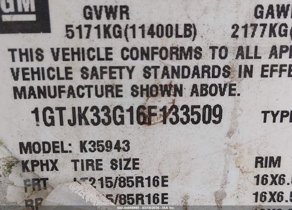 2006 GMC SIERRA 3500 SLE2 VIN: 1GTJK33G16F133509